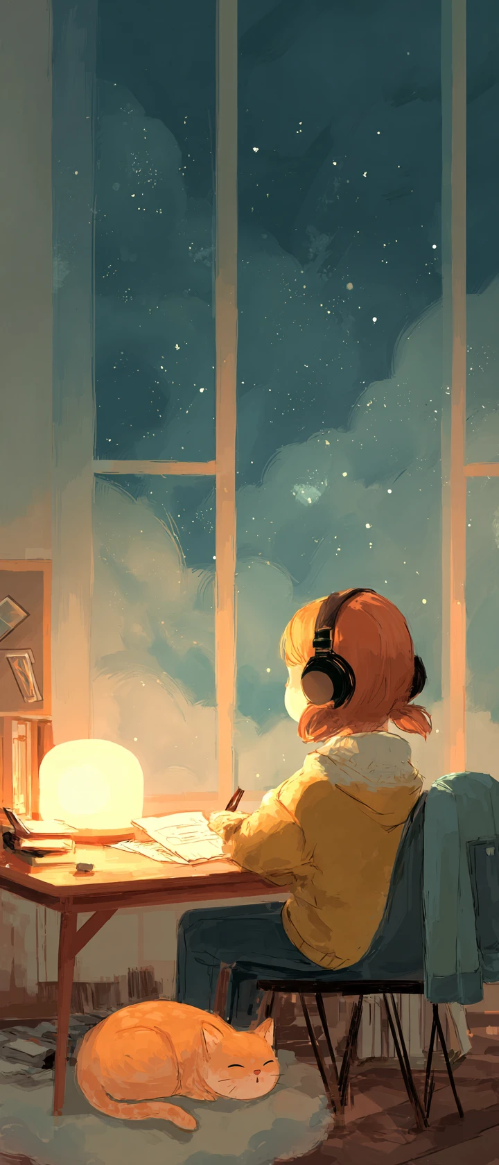 Studente che studia di notte in una stanza accogliente illuminata dalla luna