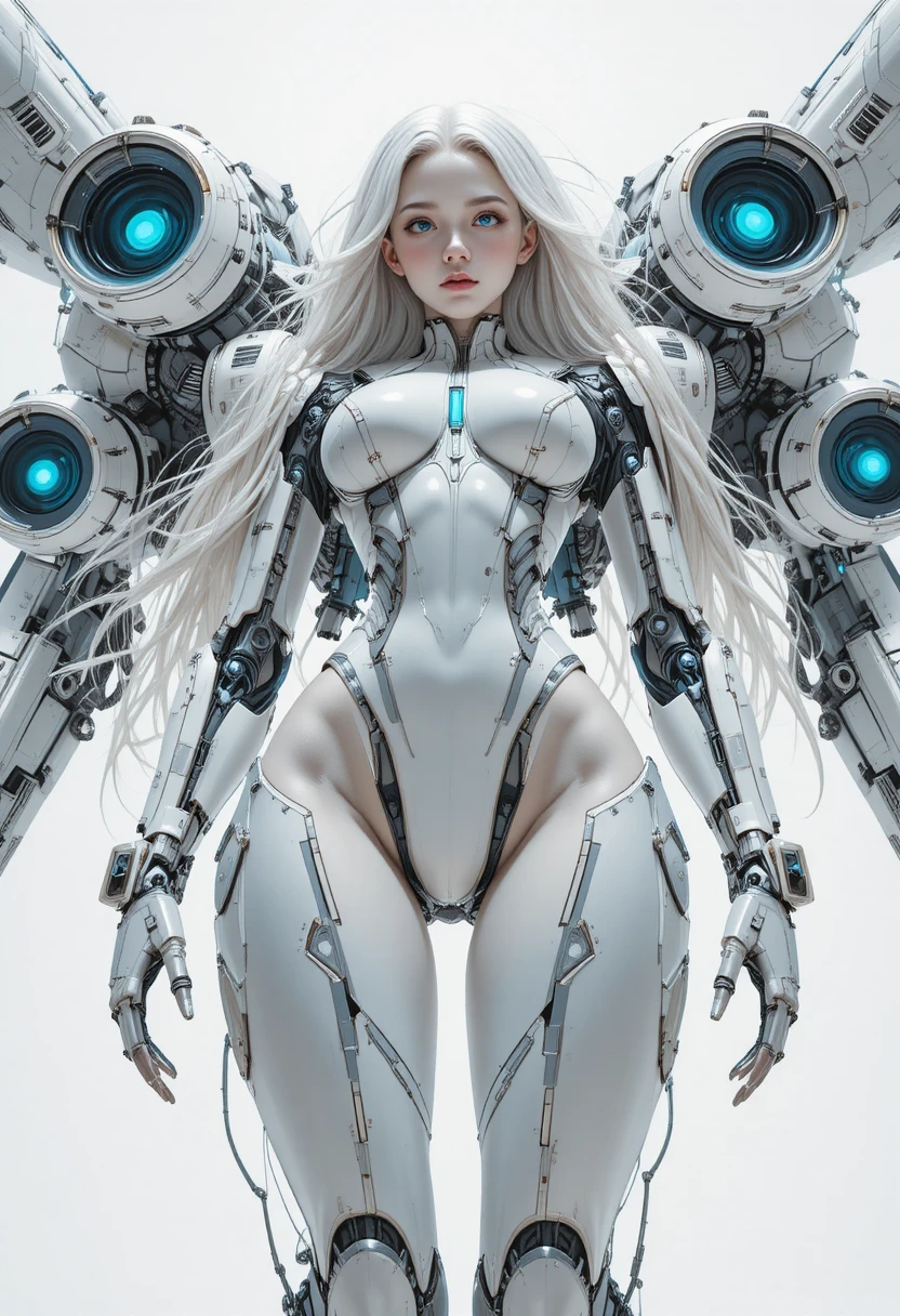 Futuristische Anime-Androidenkriegerin mit riesigem Mecha-Exoskelett
