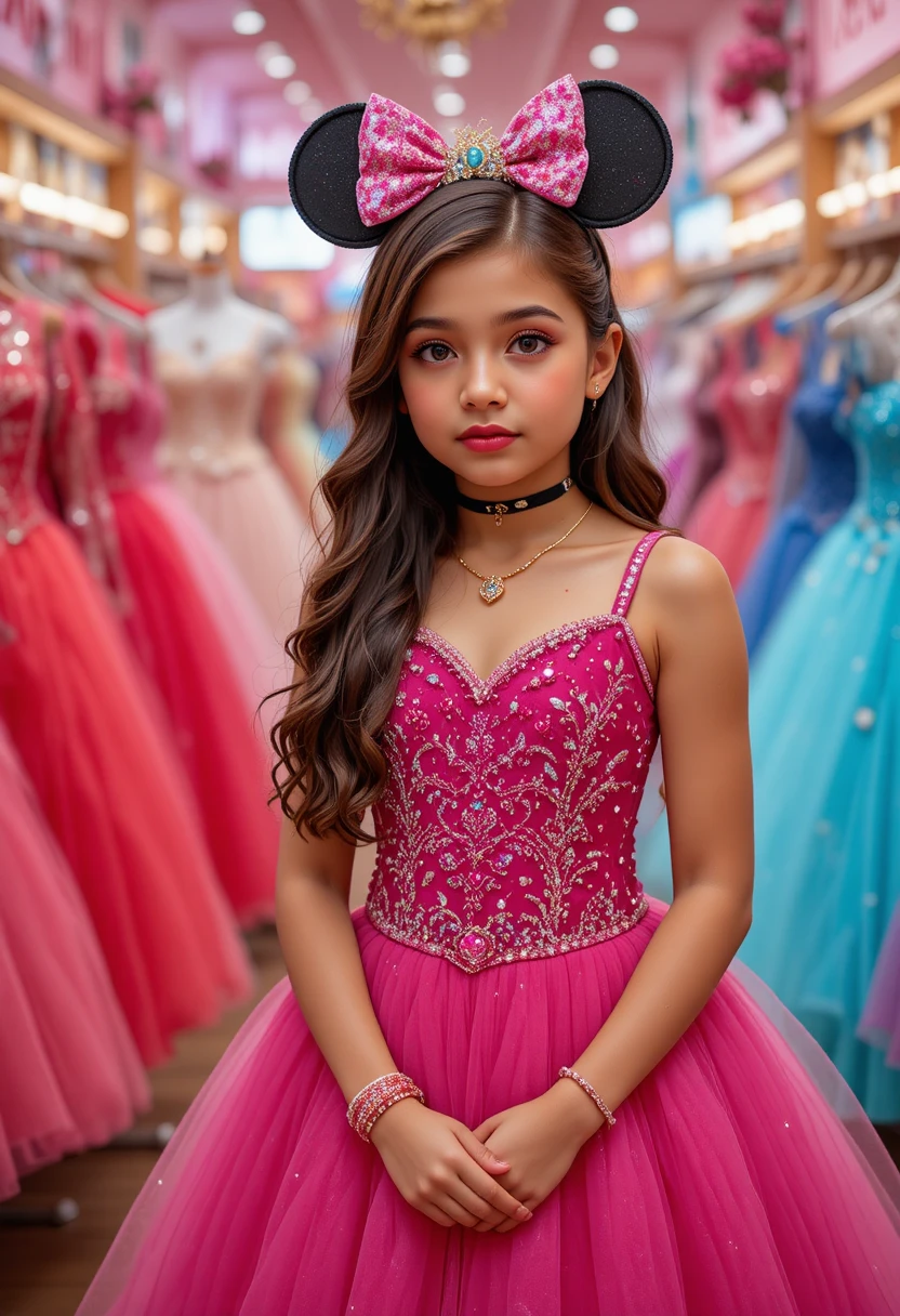 Menina com vestido rosa da Minnie em boutique