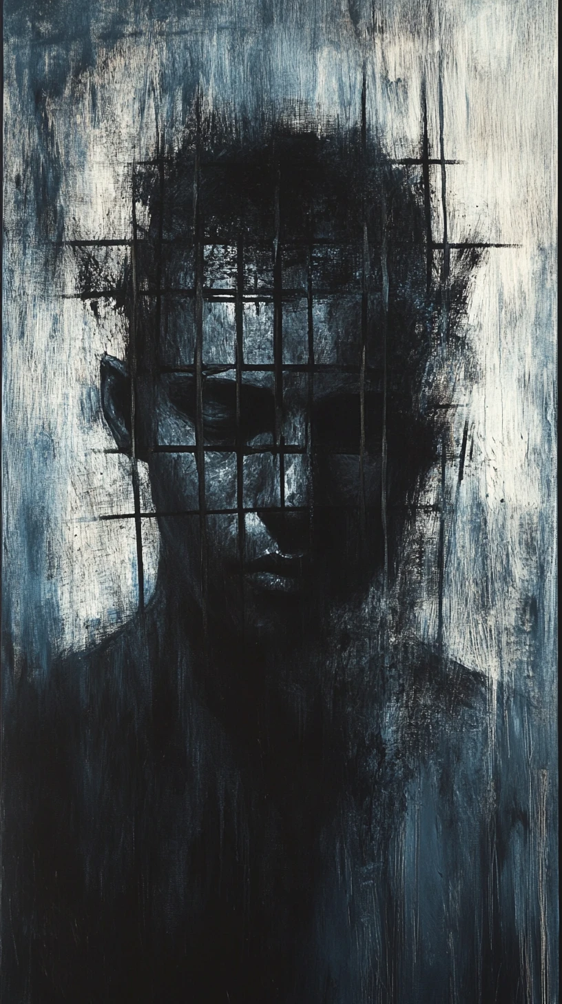 Retrato abstracto de una silueta humana aplastada por formas mecánicas
