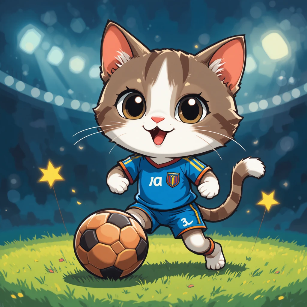 귀여운 만화 고양이가 월드컵 축구공과 놀고 있는 모습