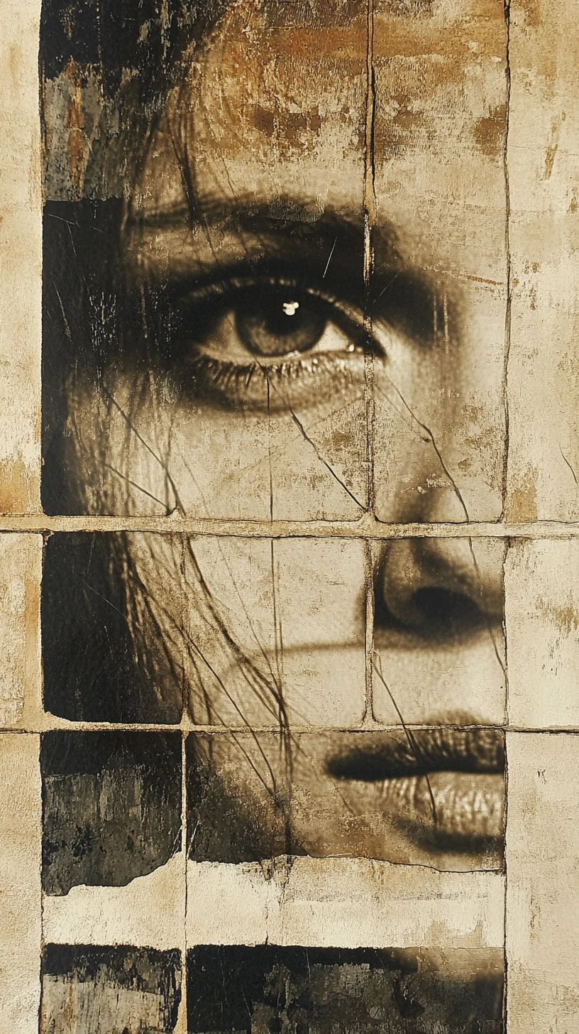 Teilweise sichtbares Gesicht in abgenutzten abstrakten Sepia-Texturen