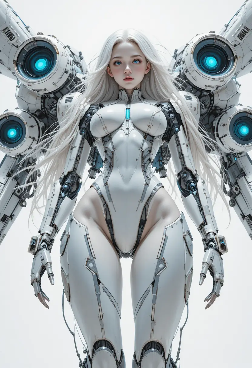 Futuristische Anime-Androidenkriegerin mit riesigem Mecha-Exoskelett