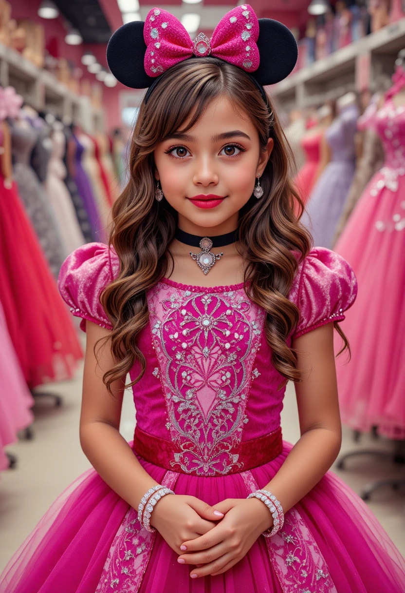 Menina jovem com vestido rosa da Minnie em interior de boutique