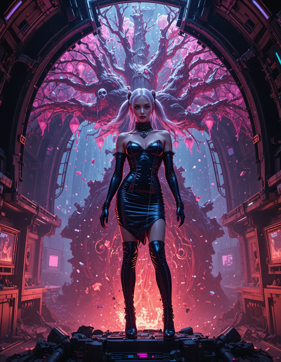 Femme fatale auf zertrümmertem Raumschiff in neonfarbenem Sci‑Fi‑Höllenszenario