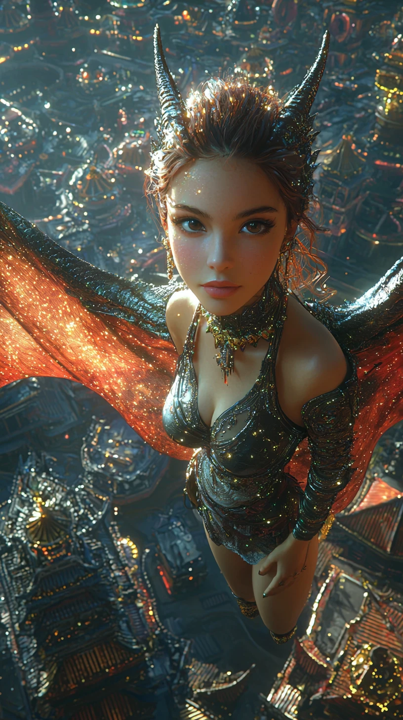 Dragon Volant au-dessus d’une Ville Fantastique Cyberpunk Néon