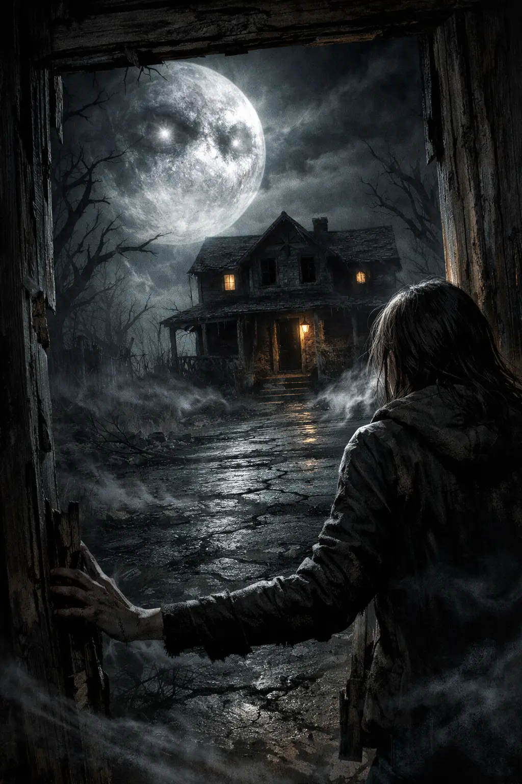 Casa infestata al chiaro di luna alla fine di una strada desolata