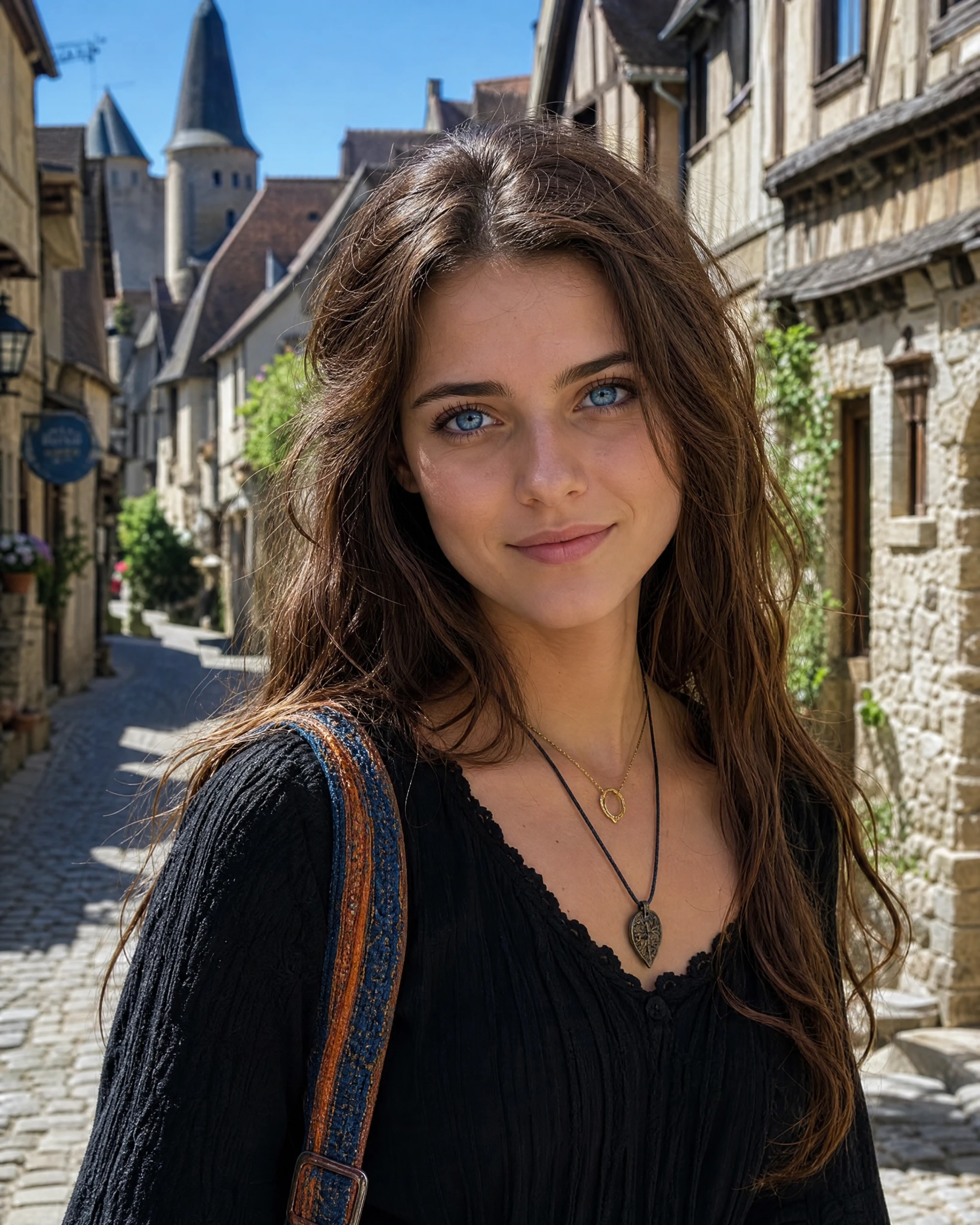 Young woman on a sunlit medieval cobblestone village street