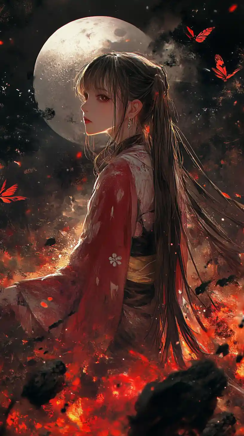 Ragazza anime con elaborato costume di Halloween rosso e oro