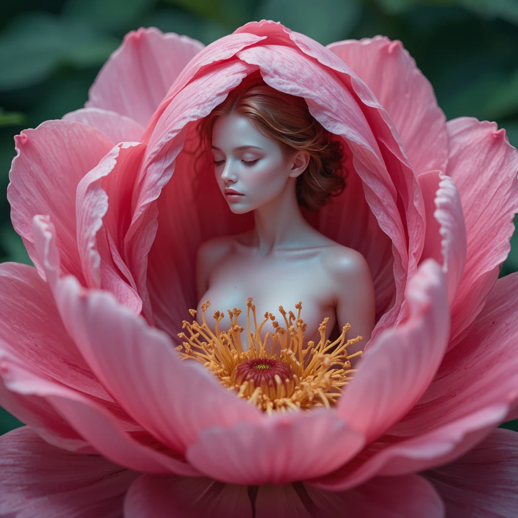 Mulher etérea surgindo do coração de uma flor rosa
