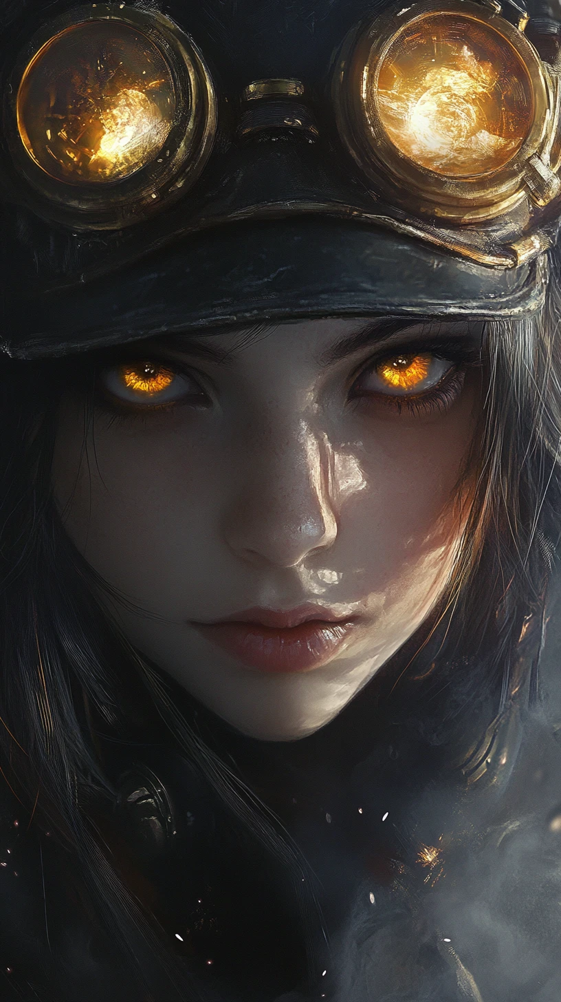 Steampunk-Anime-Mädchenporträt mit leuchtenden bernsteinfarbenen Augen