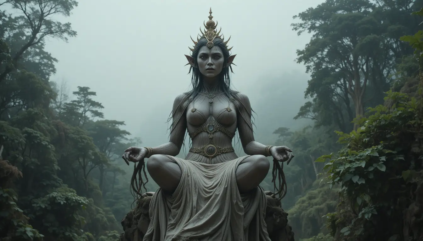 Divine ape human guardian seated above shadowed forest