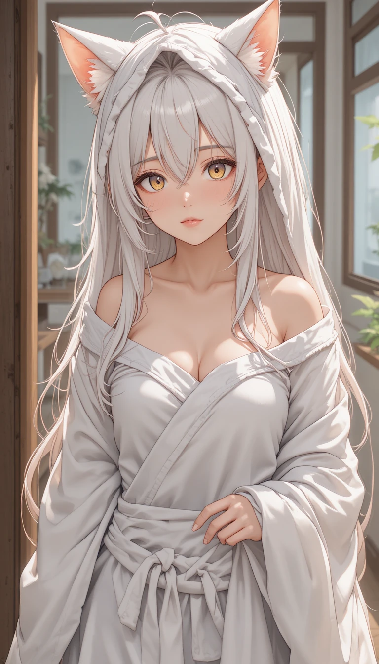 Fille neko d’anime en serviette marchant dans l’intérieur d’une maison