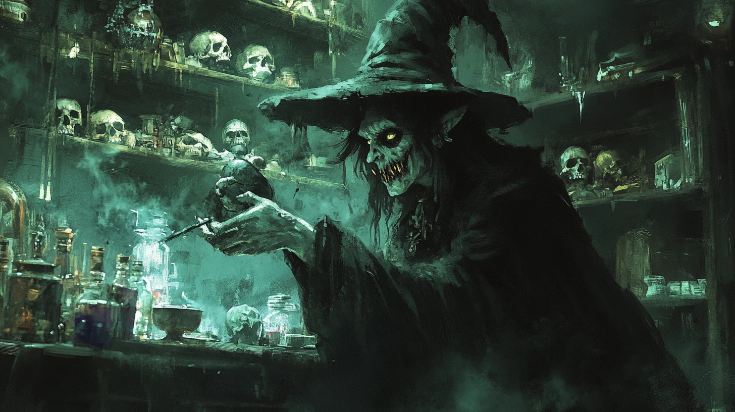 Sombre sorcière préparant une potion noire dans une salle d’invocation