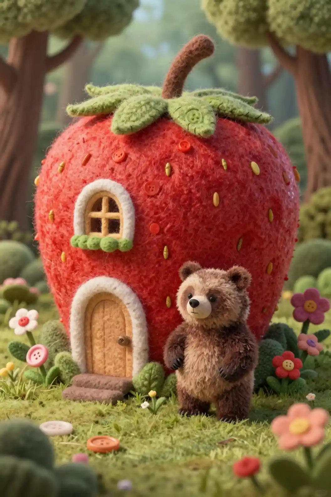 Felt forest bear with strawberry house illustration