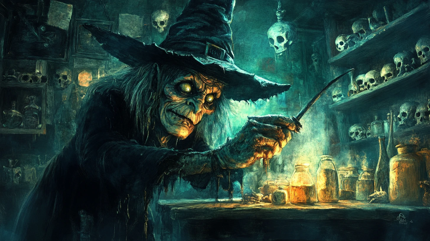 Sorcière maléfique préparant une sombre potion dans une salle d’invocation