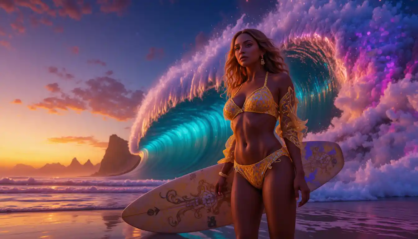 Donna su spiaggia tropicale con tavola da surf al tramonto