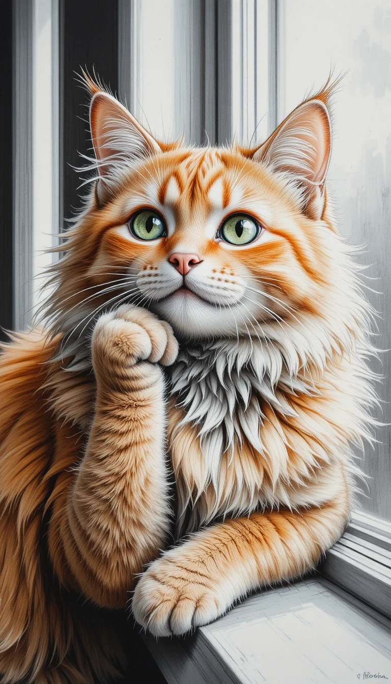 Gato peludo de olhos verdes sonhando na janela de casa