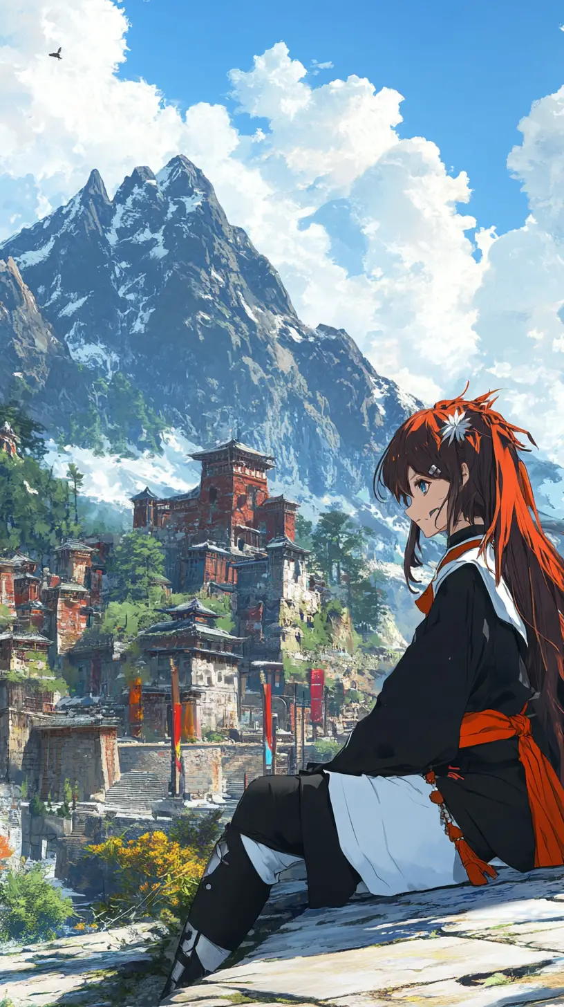 訓練キャンプのレンガの壁に座るアニメ少女