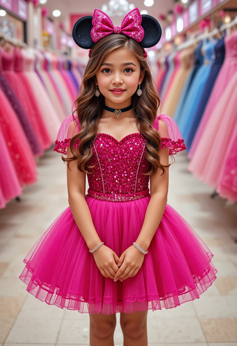 Niña joven con vestido rosa de Minnie en tienda Disney