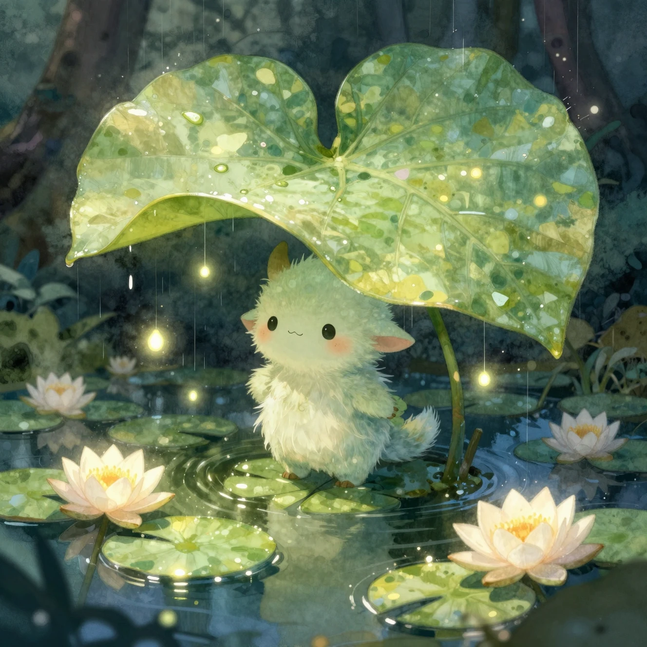 Adorable esprit de la forêt caché sous une feuille géante