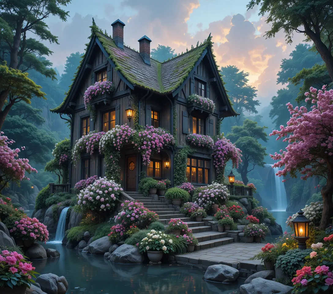 Casa de madera de cuento de hadas cubierta de flores exuberantes en plena floración