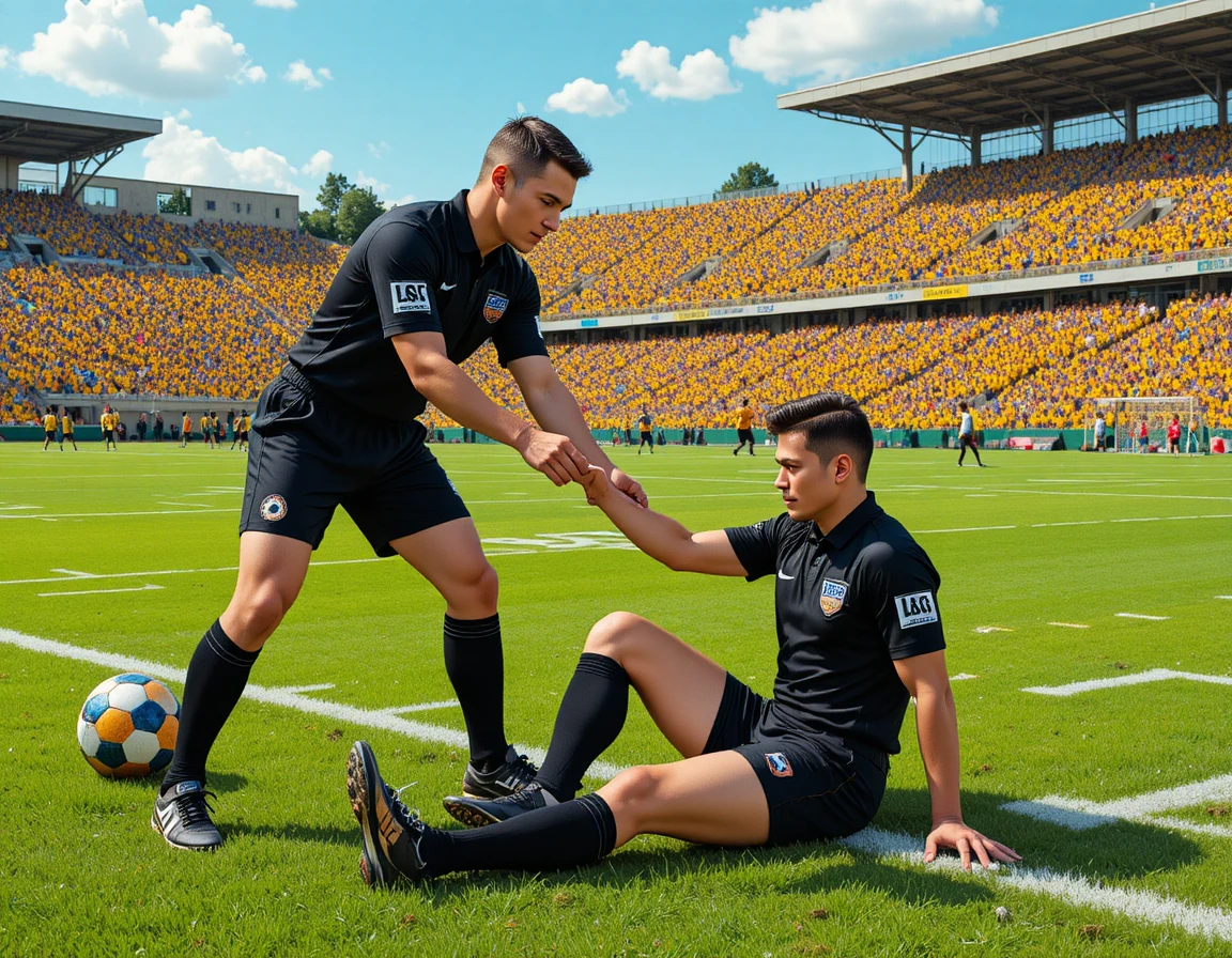 Soccer referee helping injured colleague on sunny green field
