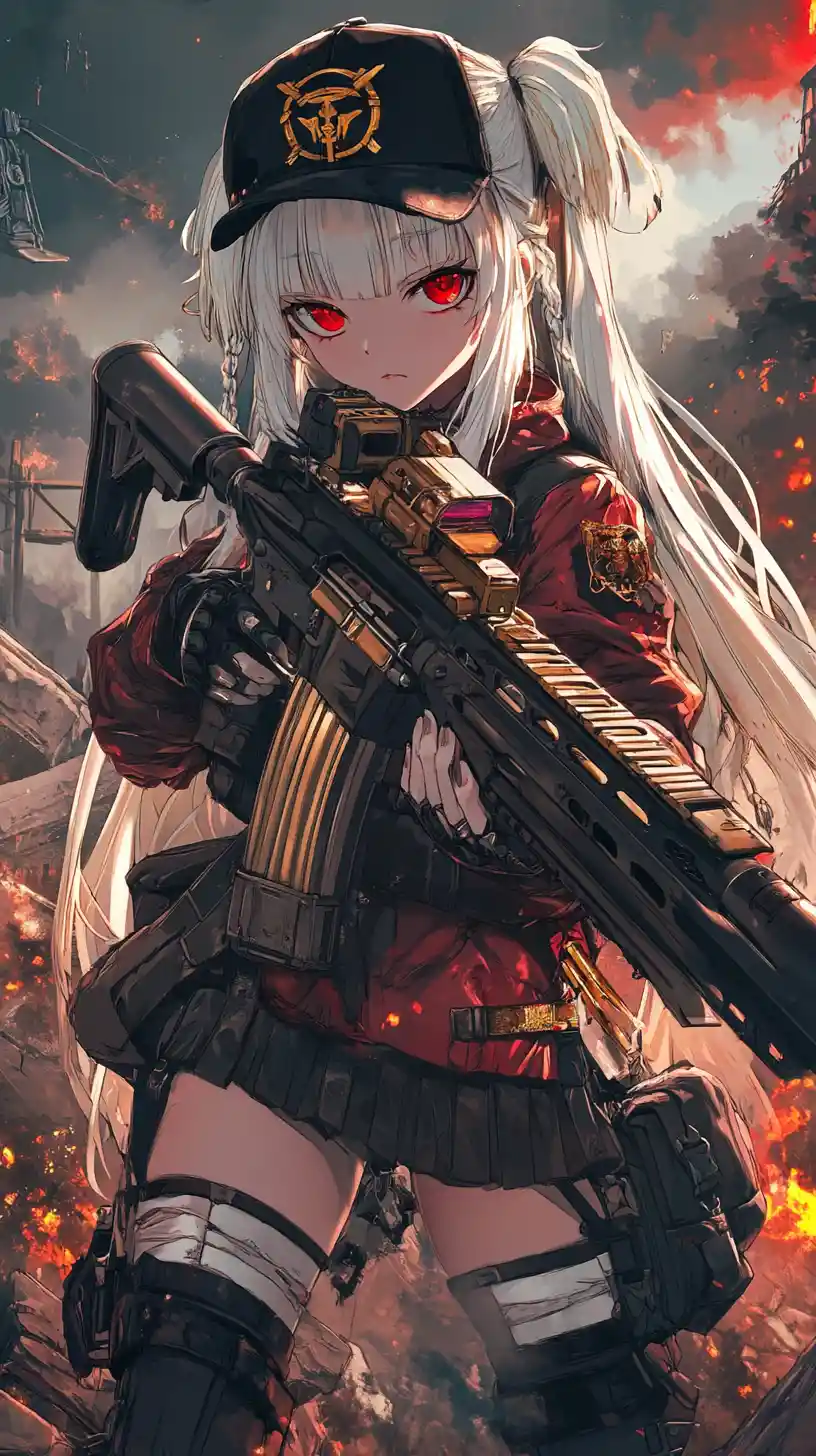 Anime-Mädchen zielt mit einem Gewehr in einer brennenden Kriegszone