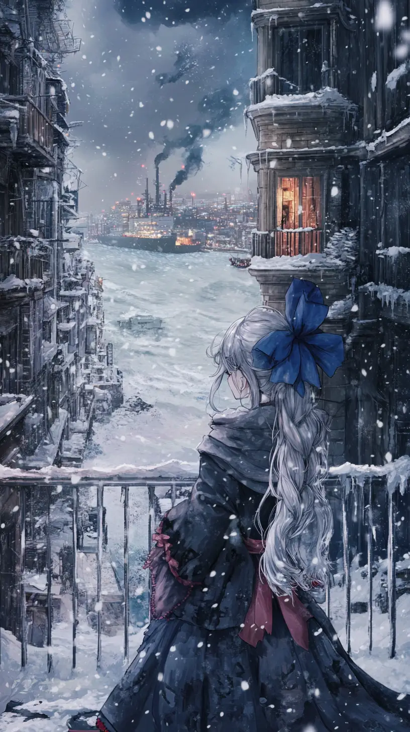 暴風雨夜城中雪地油井平台上的動漫少女