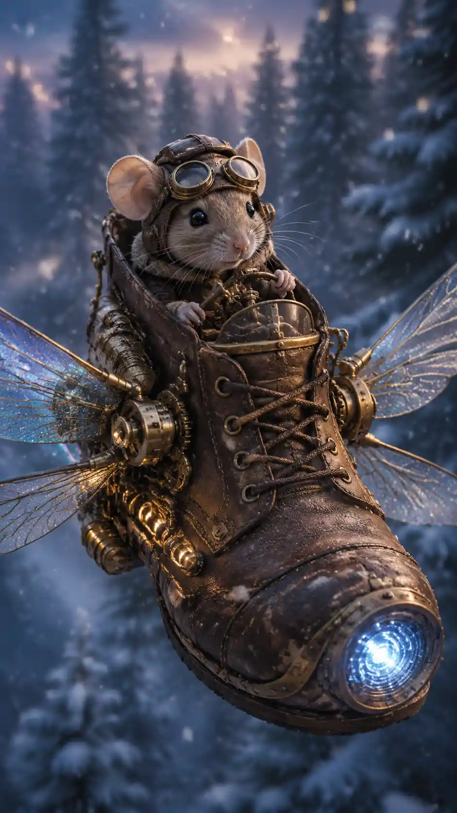 Tiny aviator mouse flying a boot airship at twilight
