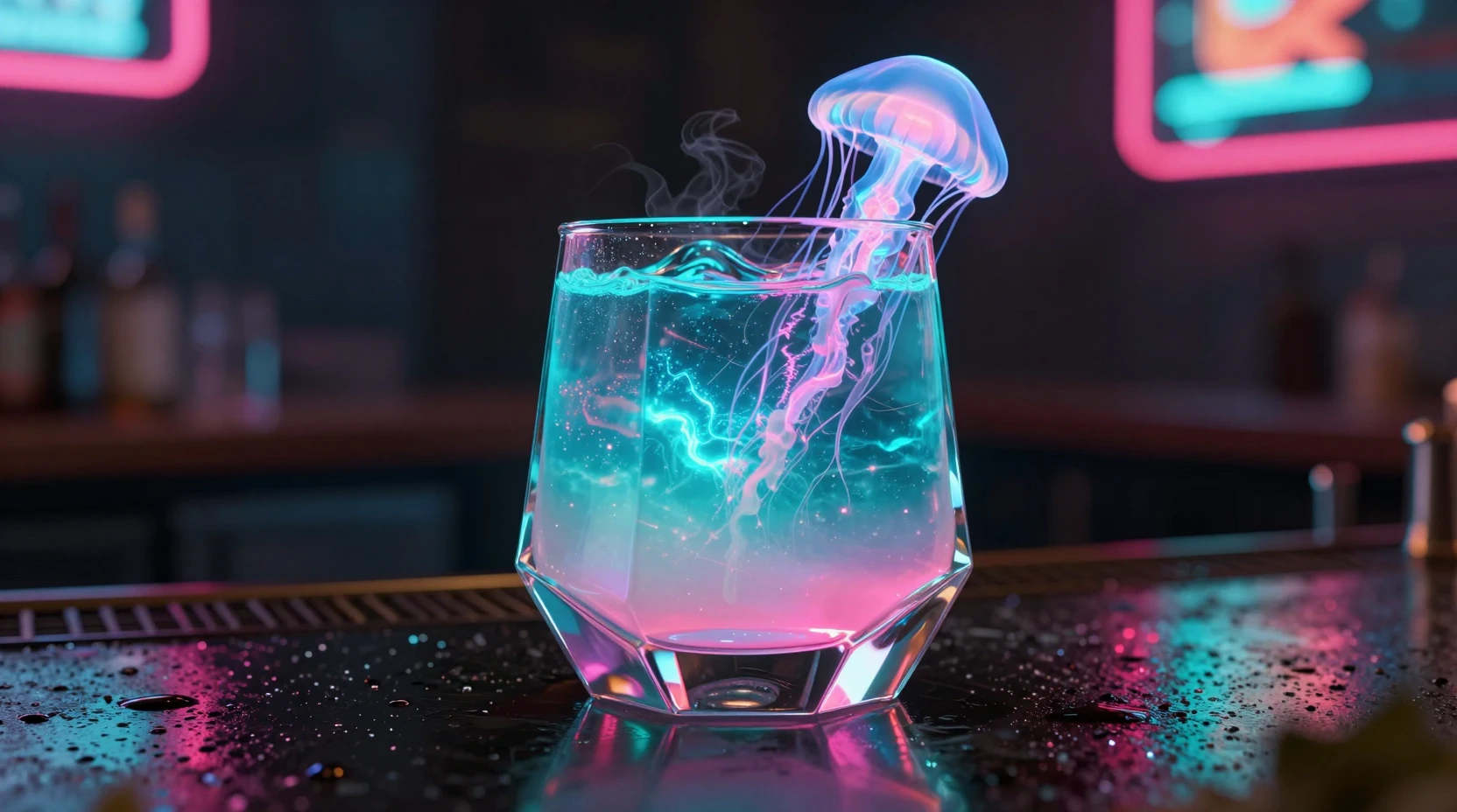 Coquetel neon futurista em copo geométrico sobre balcão molhado