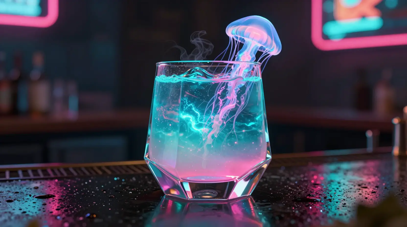 Cocktail al neon futuristico in bicchiere geometrico su bancone bagnato