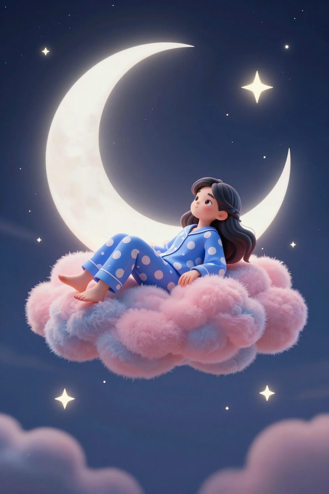 Adorable fille se reposant sur des nuages duveteux dans un ciel nocturne de rêve