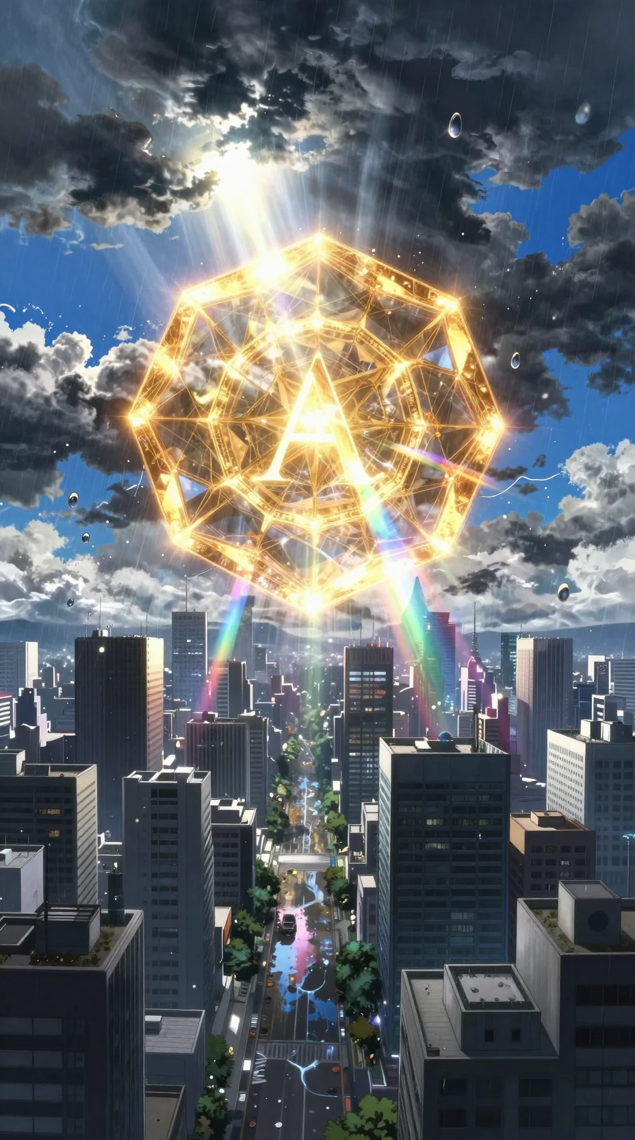 Futuristische Tokioskyline mit leuchtender Barriere nach dem Sturm