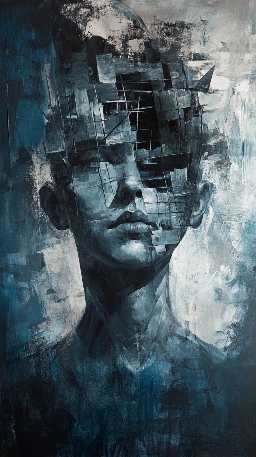 Retrato abstracto de una silueta humana aplastada entre capas mecánicas