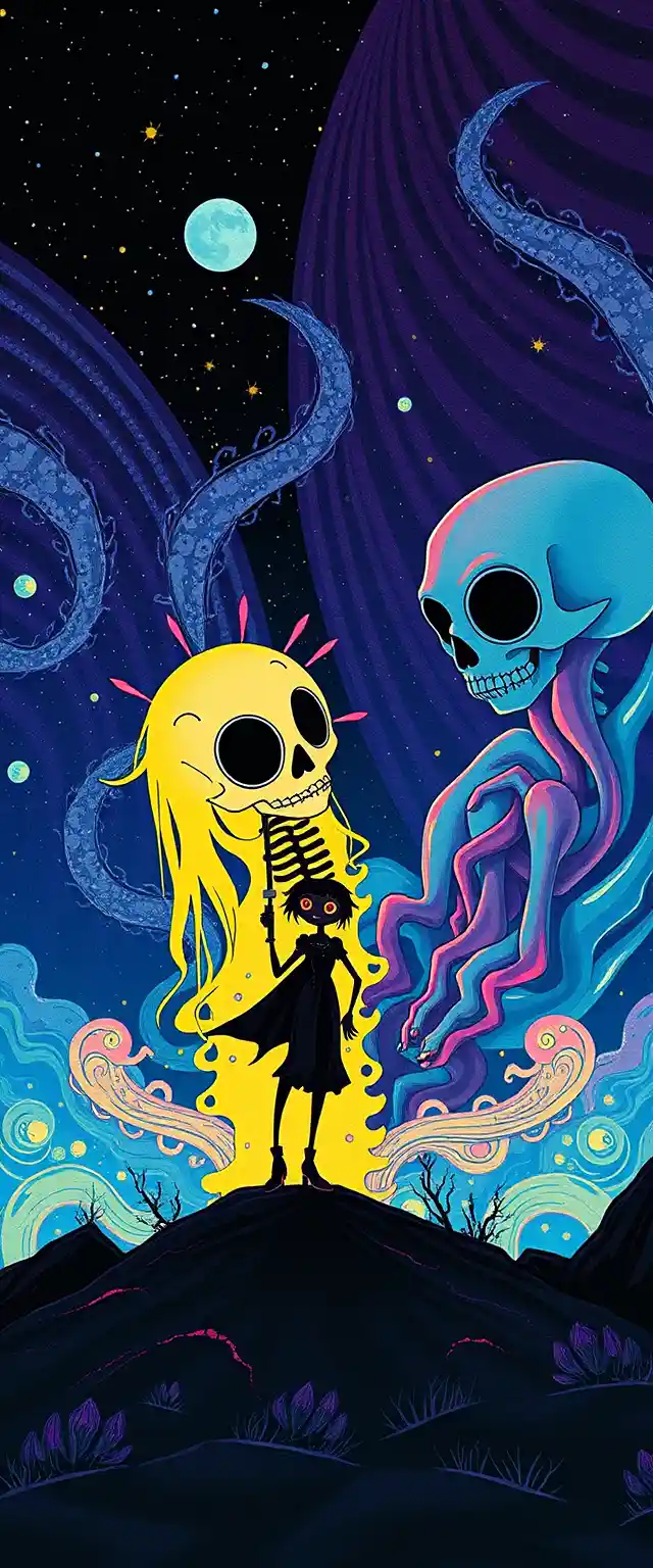 Scena colorata di graphic design retrò con personaggi stravaganti