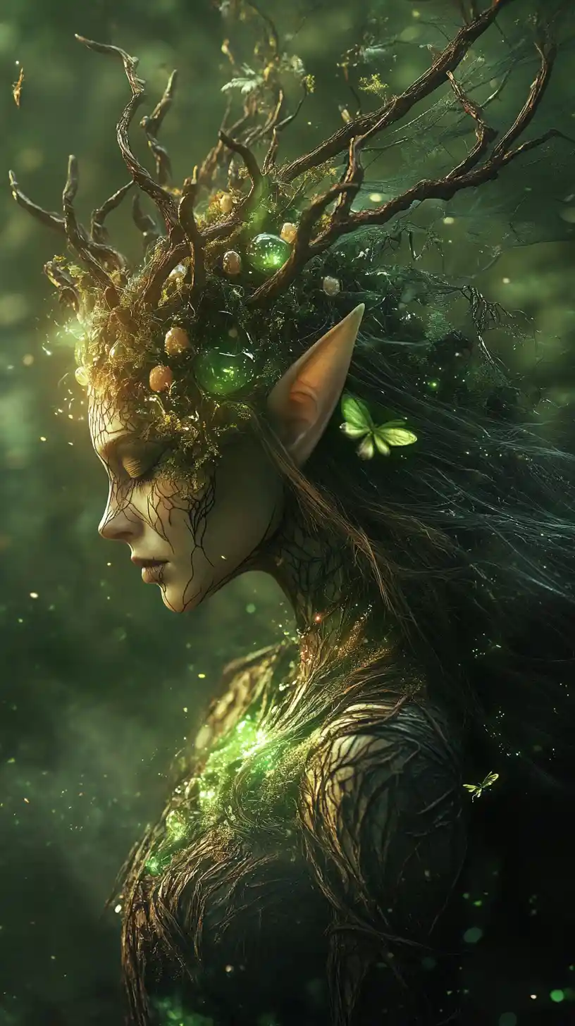 Ethereal fae woman emerging from misty forest glow