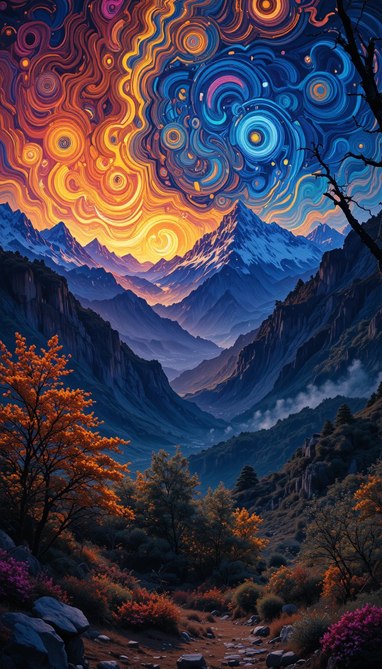 Montanhas neon vibrantes inspiradas no estilo pós-impressionista