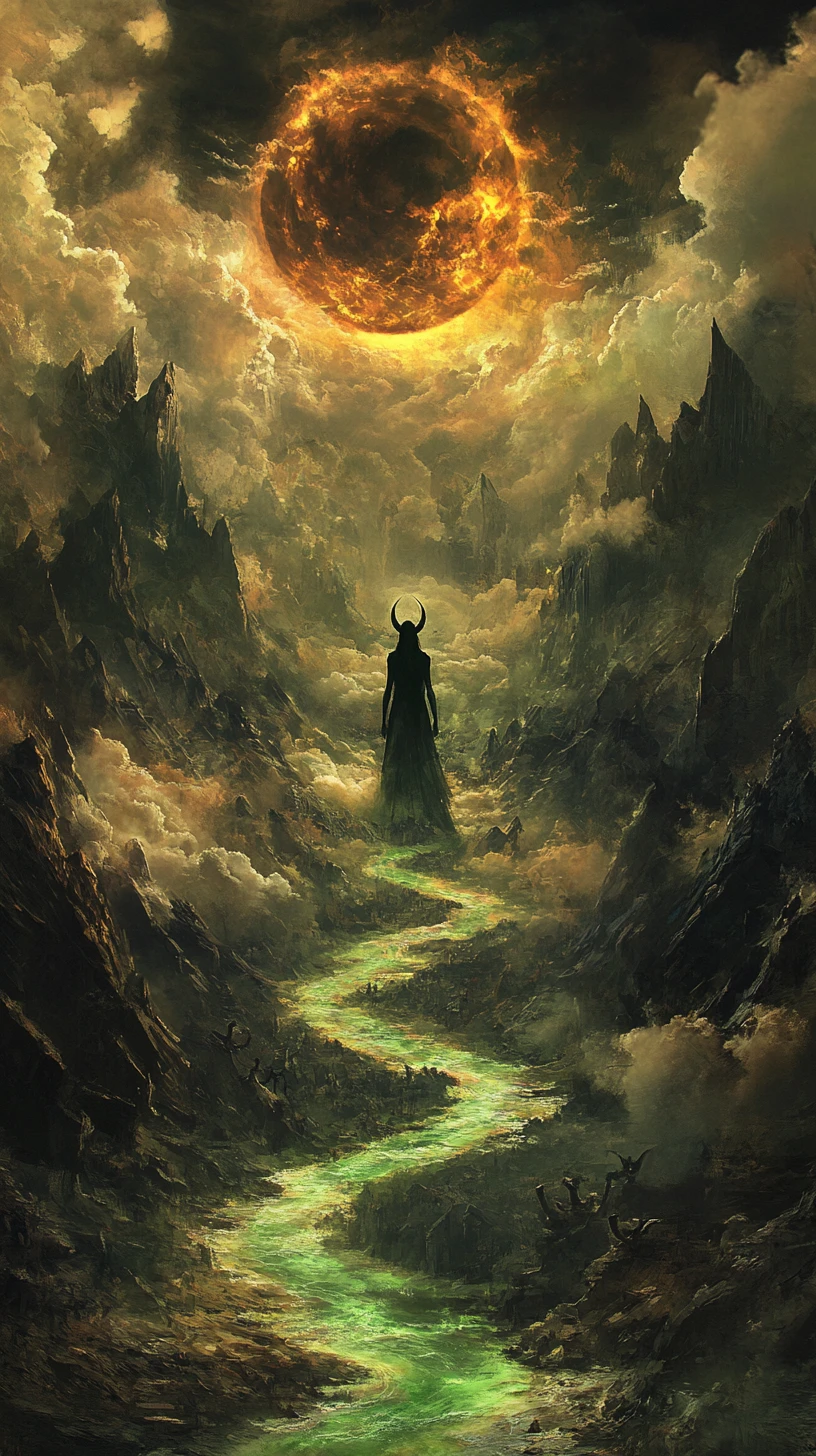 Paisagem surreal em forma de funil com figura feminina sombria ao longe