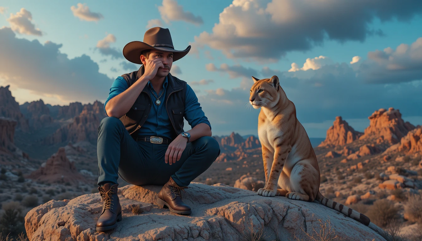 Cowboy com puma em deserto rochoso ao crepúsculo