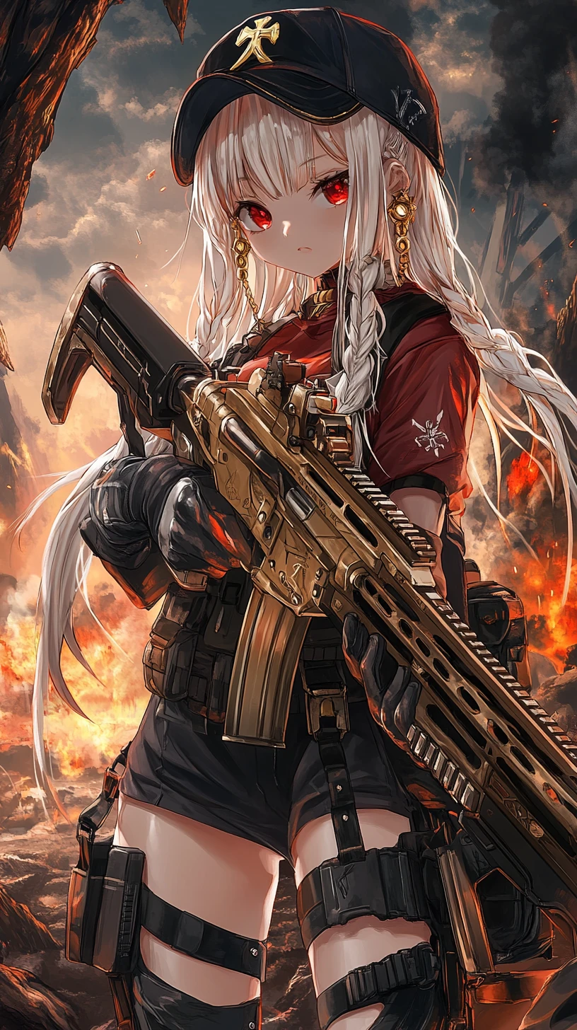 Anime girl aiming a rifle in a burning war zone