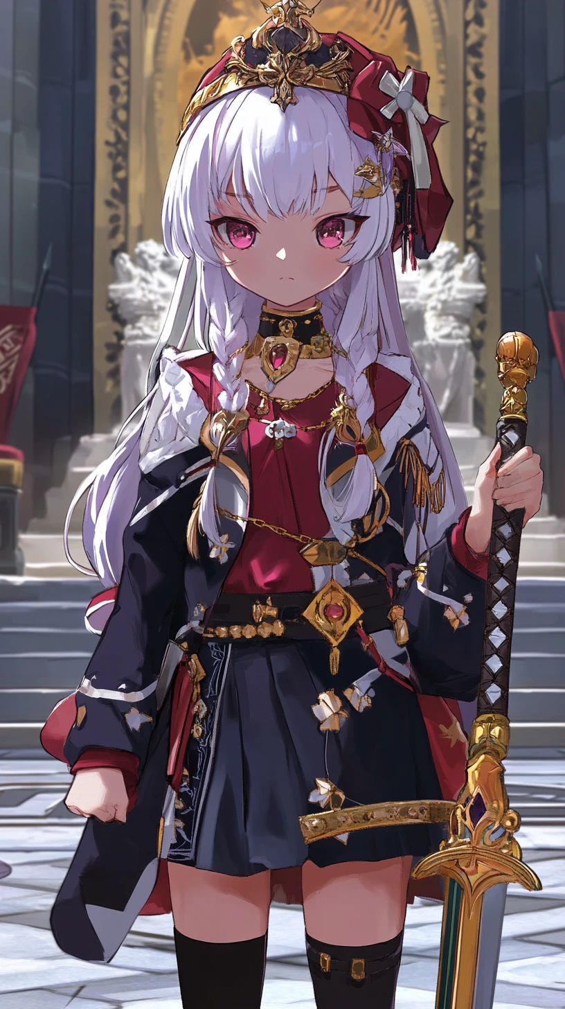 Guerreira anime diante de um trono e coroa dourados
