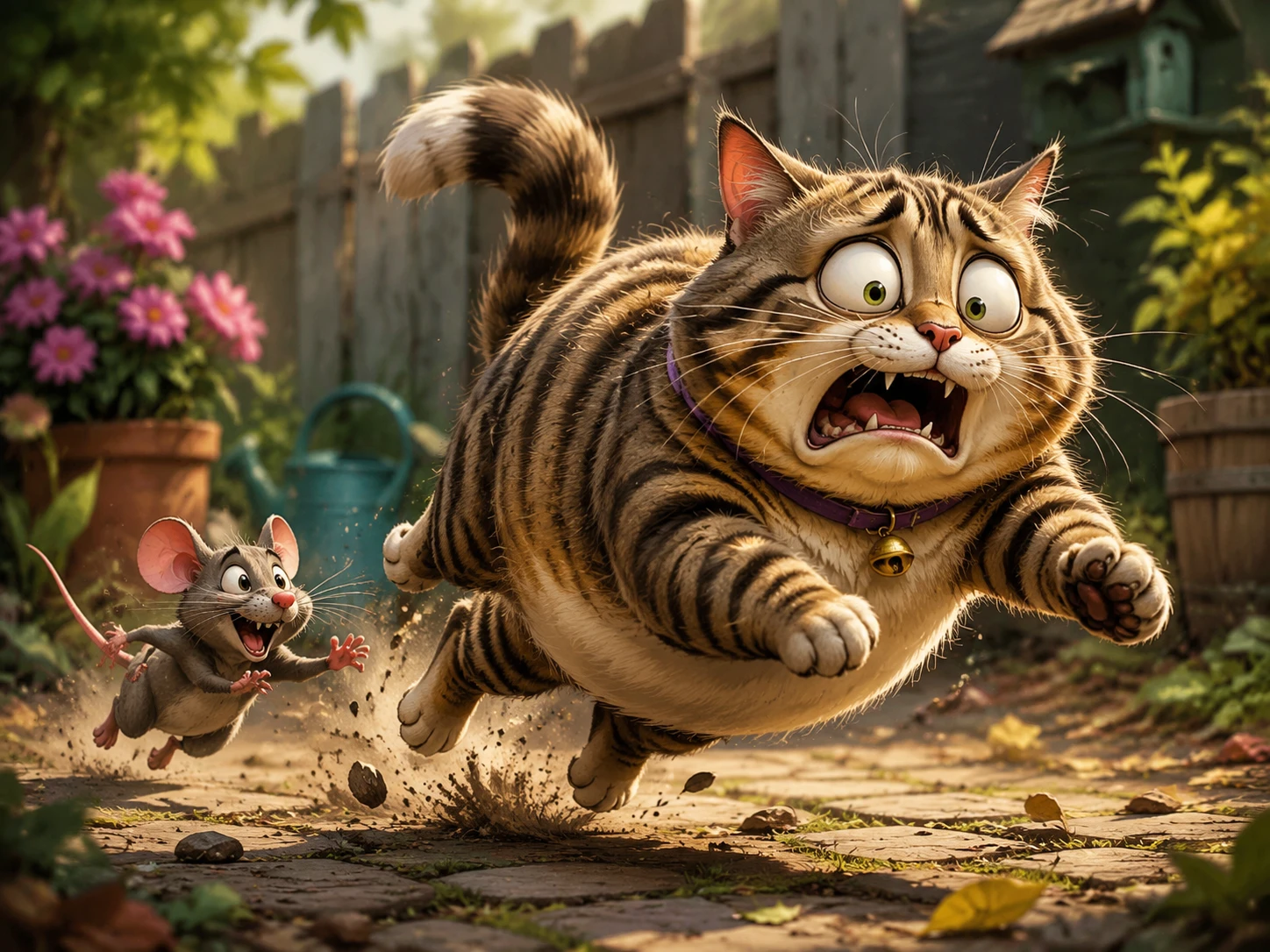 Chat Tigré de Dessin Animé Apeuré Poursuivi par une Souris Joueuse