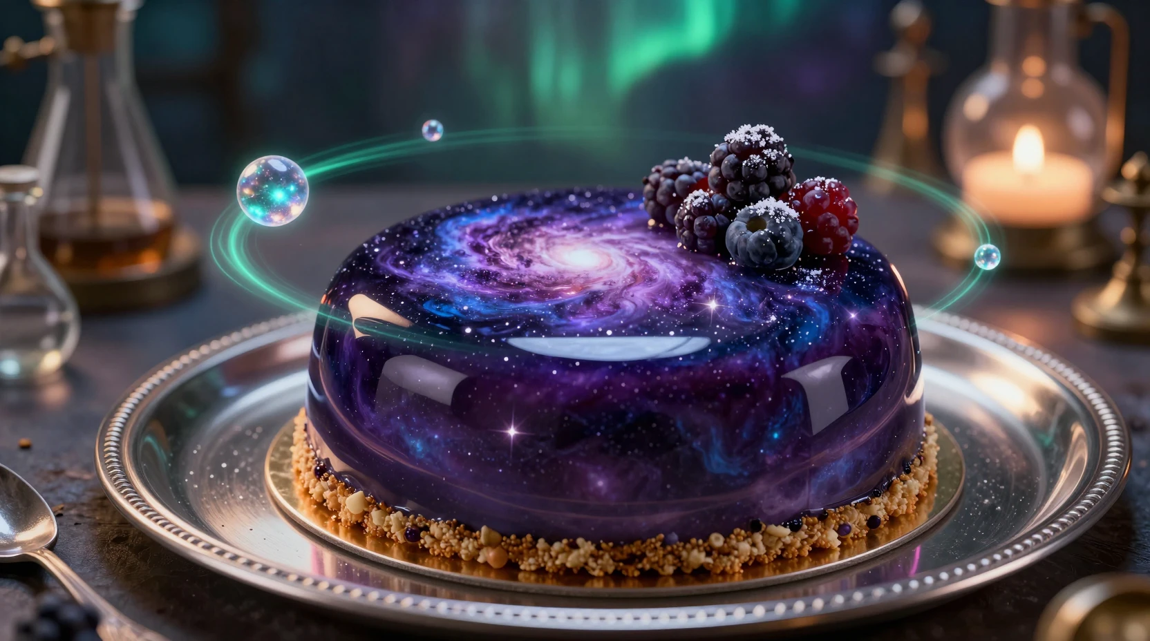 Galaktische Mirror-Glaze-Torte in einem mystischen Zaubererlabor