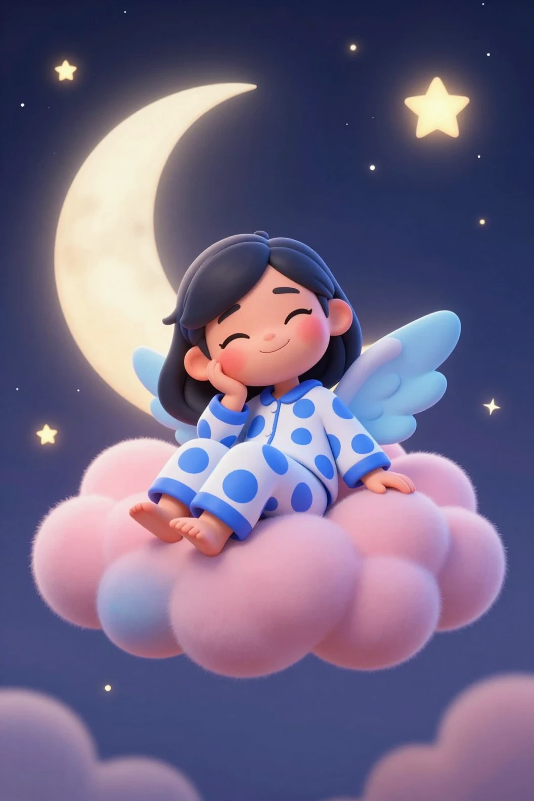 Menininha fofa com asas descansando em uma nuvem fofa e estrelada