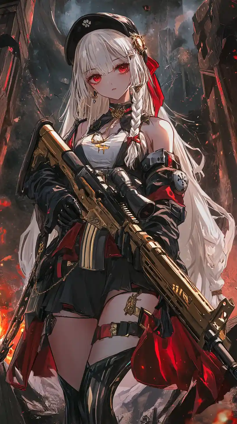 Anime-Mädchen zielt mit einem Gewehr in einer zerstörten Kriegszone