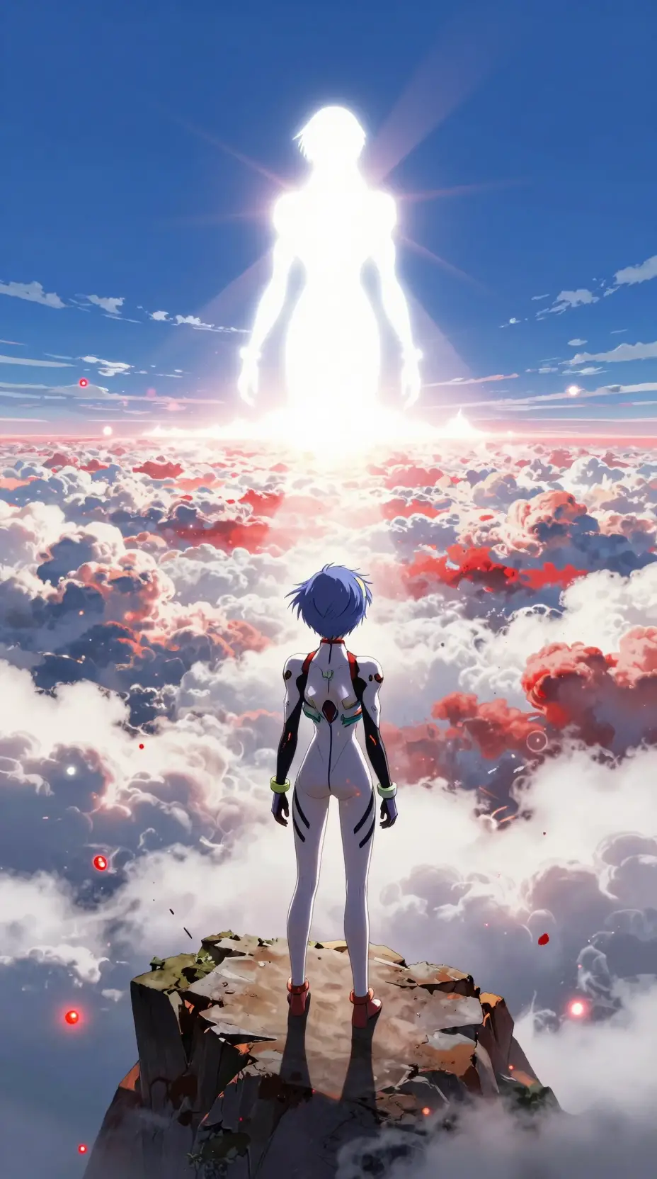 Anime-Frau auf einer Klippe über einem karminroten Wolkenmeer