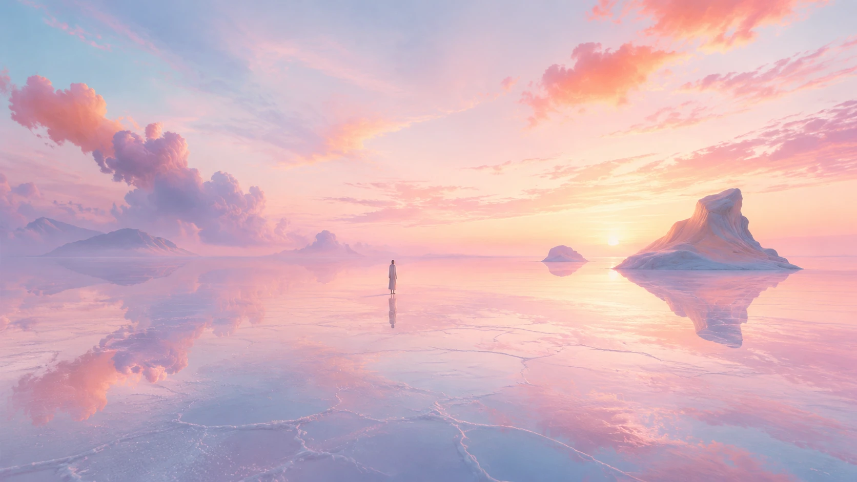 Figura solitaria en salina al amanecer en tonos pastel con islas distantes
