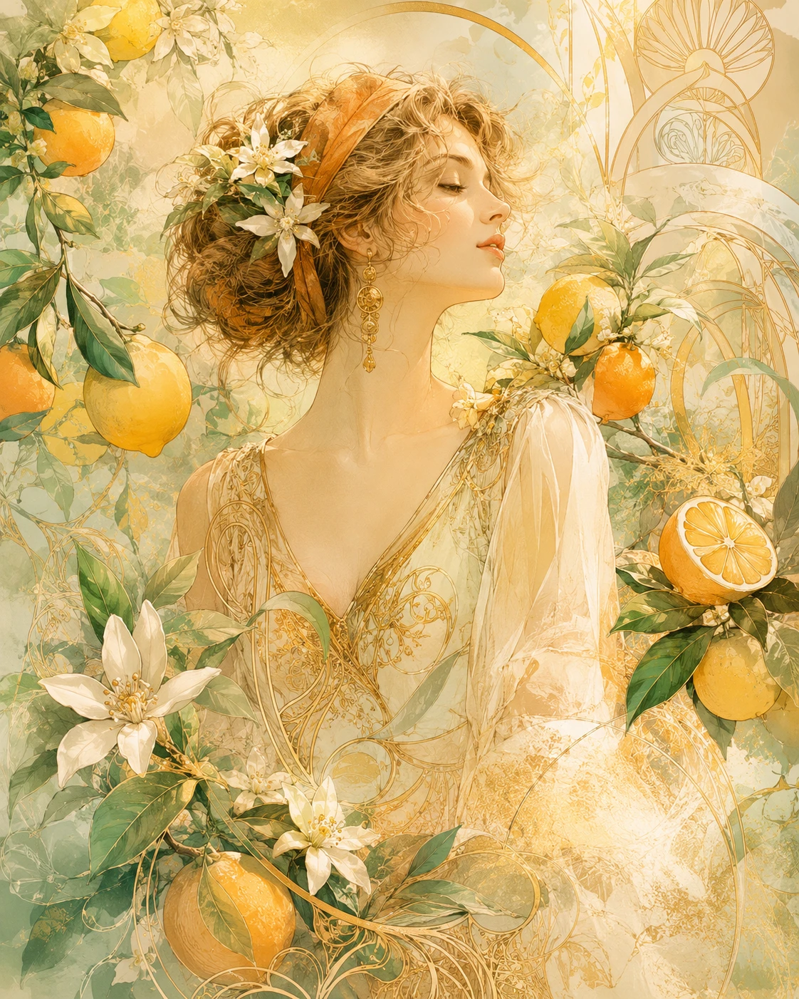 Elegante donna tra alberi di agrumi in stile art nouveau