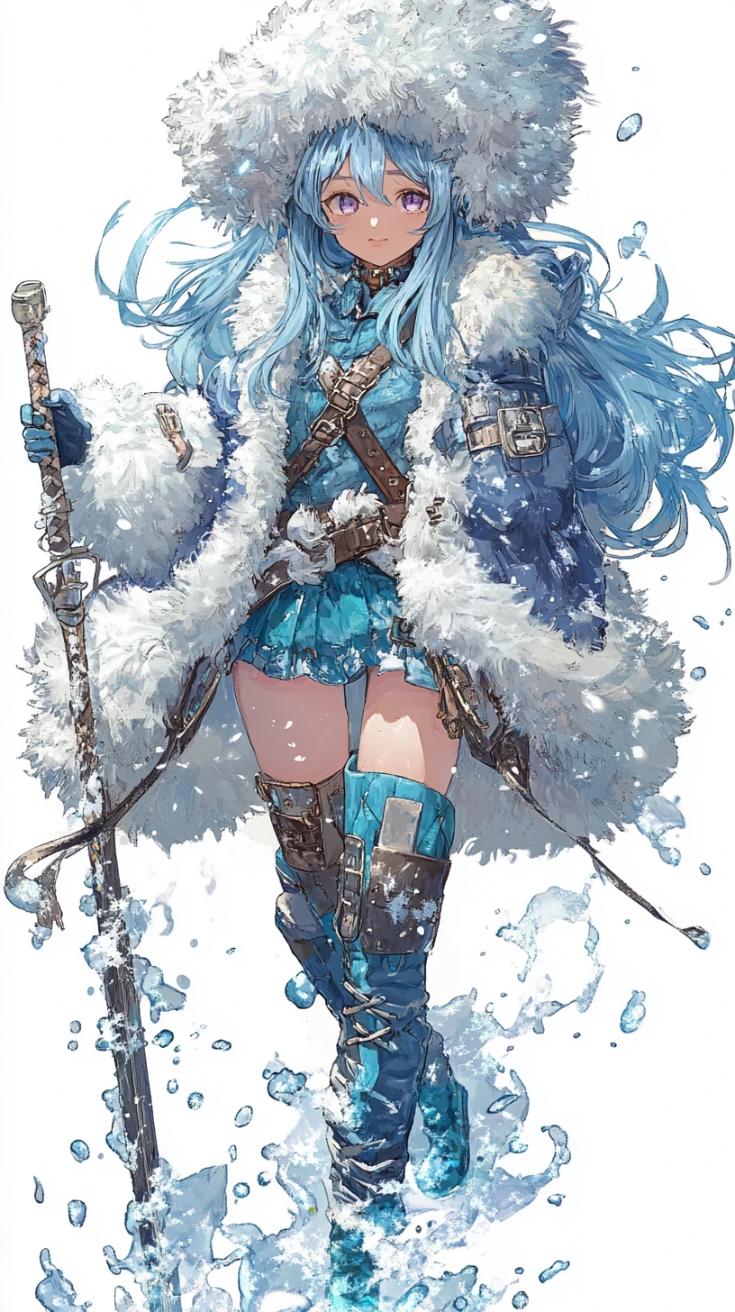 Garota de anime com roupa de inverno segurando espadas
